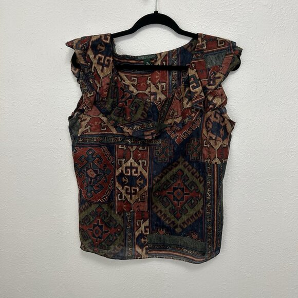 VTG Lauren Ralph Lauren Brown Colorful Aztec Native Ruffle Blouse Sleeveless M - Picture 2 of 10